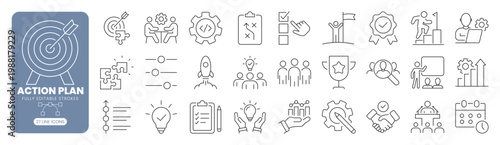 Action plan business strategy web line icon set with target, checklist, workflow, team, goal, planning and management symbol. Editable stroke