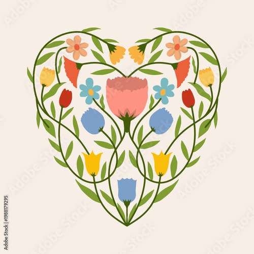 Floral heart vector illustration with colorful spring flowers, botanical heart shape symmetrical wildflowers and leaves for valentine, wedding, invitation, greeting card, scrapbook