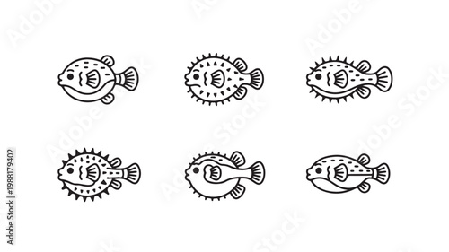 Set of pufferfish illustrations in black and white line art style 