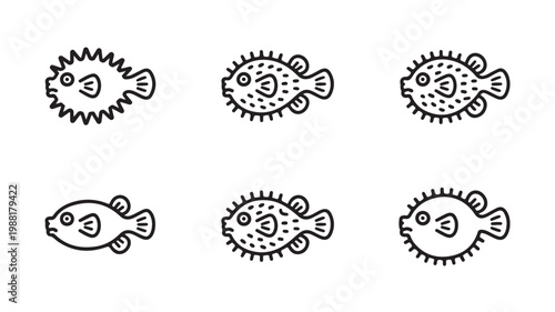 Set of pufferfish illustrations in black and white line art style 