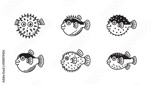 Set of pufferfish illustrations in black and white line art style 