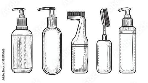 Illustration of toiletries, comprising shampoo bottles, and hair care items rendered in monochrome