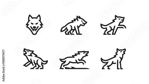 Set of minimalist black and white wolf head and full body silhouettes for creative designs.