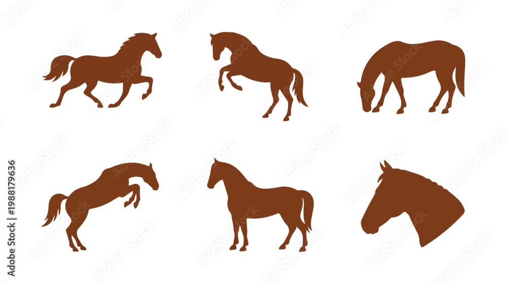 Obraz premium Set of brown horse vector icons depicting different activities including running, jumping, and standing