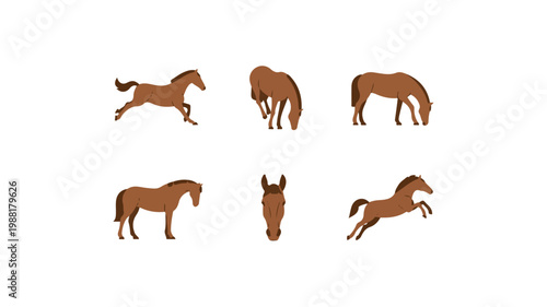 Set of brown horse vector icons depicting different activities including running, jumping, and standing