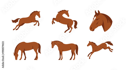 Set of brown horse vector icons depicting different activities including running, jumping, and standing