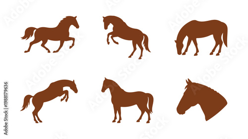 Set of brown horse vector icons depicting different activities including running, jumping, and standing