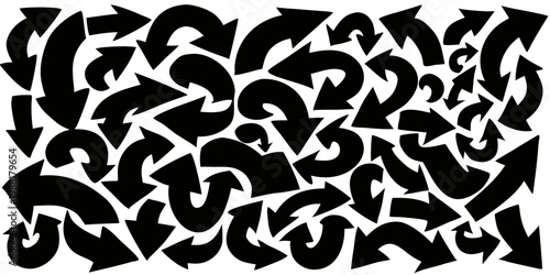 Confusing black arrows pointing in different directions on white background