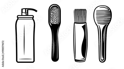 A monochrome illustration of bath and beauty products in a row on a white background