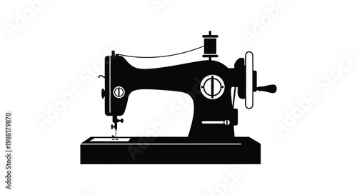 Vintage sewing machine depicted in a stark black graphic silhouette