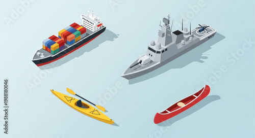 Collection of four different types of boats and watercraft.