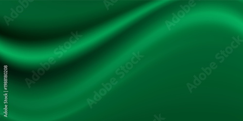 Green drapery silk fabric luxury background. Wavy abstract satin cloth vector texture pattern. Smooth shiny drape material curtain. Elegant velvet curve motion image realistic horizontal design.
