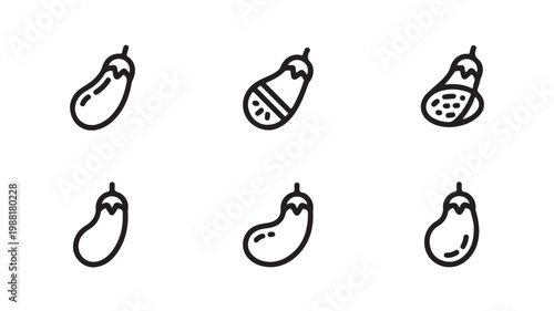 Set of black eggplant icons showing different shapes and slices 