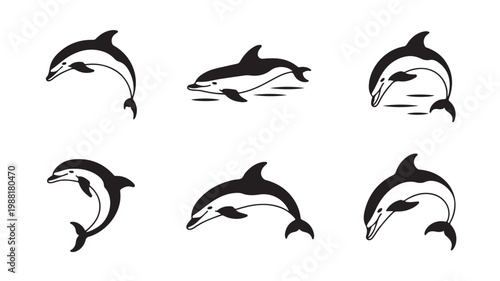 Collection of six minimalist line art dolphin icons jumping and swimming in the ocean waves.