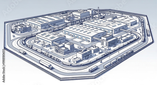 Industrial complex with multiple buildings and surrounding fence.