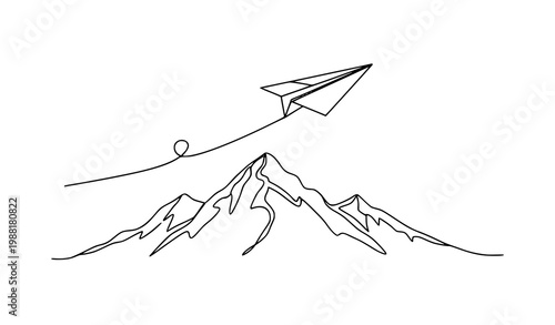 Paper plane and mountain continuous one line drawing vector travel airline minimalist outline concept