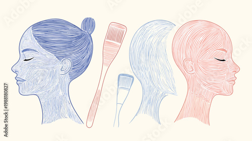 Illustration featuring two women's profiles with visible muscle structures, alongside beauty tools, in soft hues
