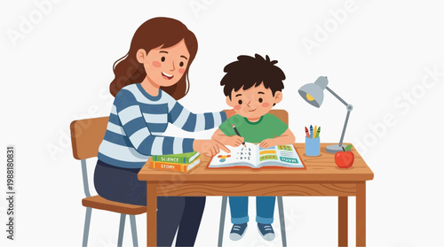 A supportive adult guides a child through their homework, fostering a nurturing learning environment filled with the light from a desk lamp and focused concentration on the table.