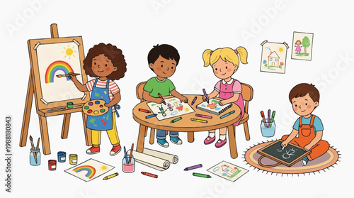A vibrant illustration captures the innocence and creativity of children engaged in art activities, showcasing their individual expression and the joy of learning.