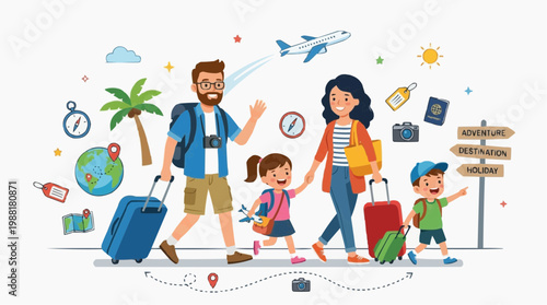 A happy family of four on an exciting journey, setting off on a memorable travel adventure with luggage and maps.
