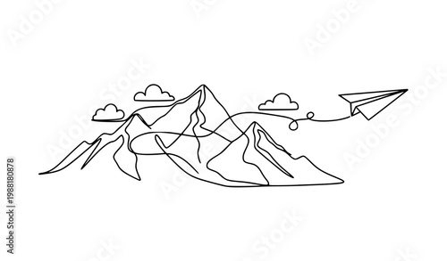 Continuous line travel airplane mountain vector minimalist airline route concept outline sketch design