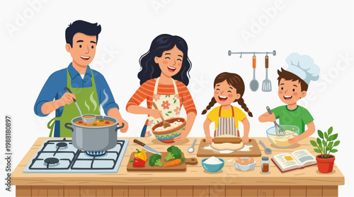 A warm family portrait captures the joy of cooking and baking together, creating lasting memories, full of life, love, and laughter.