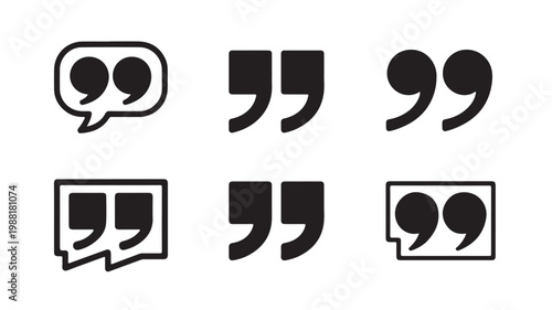 Collection of black and white quotation mark icons for speech and dialogue bubbles