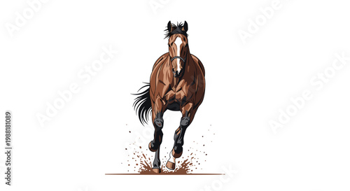 A powerful brown horse with a distinctive white facial blaze gallops energetically toward the viewer while kicking up dynamic splashes of dark brown mud.