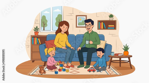 A happy family spending quality time together, with children playing with toys while parents look on, fostering a cozy and loving atmosphere.