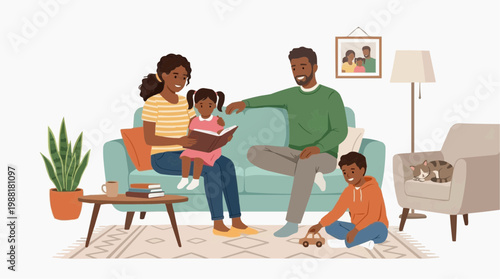 A loving family, reading storybook together, sharing moments of happiness and joy, the warmth of the home.