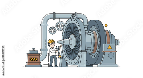 A meticulous engineer wearing a yellow hard hat and safety glasses uses a metal wrench to perform maintenance on a massive industrial turbine machine.