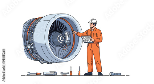 A professional aircraft maintenance engineer in a vibrant orange jumpsuit meticulously inspects a massive jet engine turbine against a clean white background.