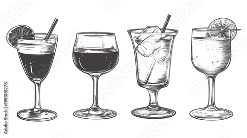 Four drinks drawn in grayscale. Cocktails, wine, iced drinks, each in different glasses