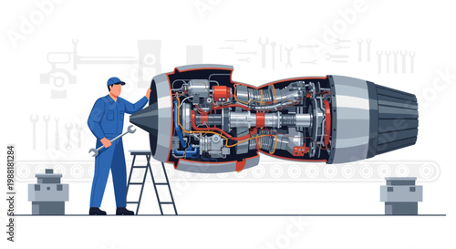 A professional mechanic dressed in blue overalls holds a large wrench while standing next to a detailed cross-section of a powerful jet engine turbine.