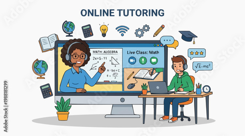 Online tutoring scene. A student and tutor, immersed in an online learning environment. The setting features a computer screen displaying educational content. The scene is bright, inviting.