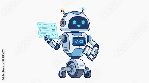 A friendly robot with a glowing screen stands in a futuristic setting, showcasing innovation, technology, and artificial intelligence.