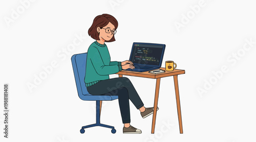 A focused coder, working on her laptop at her desk. She is a dedicated woman with glasses and brown hair, is fully engaged in her work. The image captures the essence of modern work and learning.