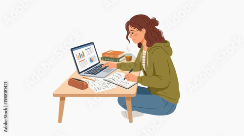 A dedicated student is immersed in study, with a laptop open, surrounded by books and notes, creating an environment of focused learning and intellectual curiosity.