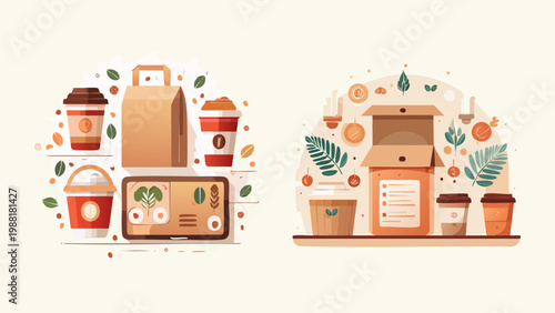 Illustrative representation of diverse coffee packaging, takeout containers, and digital ordering platforms for convenient food and beverage services