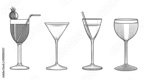 Four elegant drink glasses, detailed in black and white illustration, each showcasing a unique shape and style