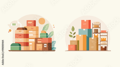 Modern flat vector illustration depicting organized stacks of various cardboard boxes and parcels, perfect for shipping, storage, and inventory concepts