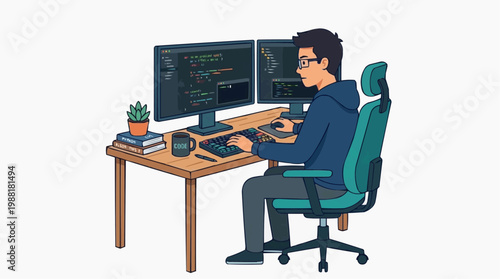 A diligent software developer engrossed in his work. He is sitting at a desk with dual monitors displaying code, creating a sense of focused, modern productivity.