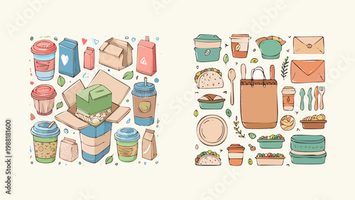 Eco-friendly food packaging and sustainable delivery solutions, illustrated with various takeout containers, coffee cups, and meal kit boxes for responsible consumption