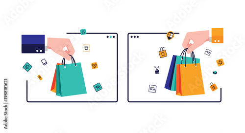Two human hands reach out from digital browser windows while holding vibrant teal and orange shopping bags amidst a flurry of floating retail icons.
