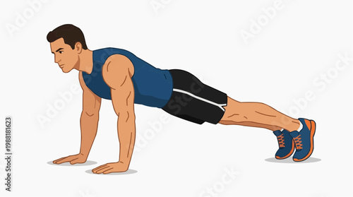A fit man demonstrates correct push-up form, emphasizing physical strength and bodyweight exercise. The artwork beautifully illustrates the commitment to fitness.
