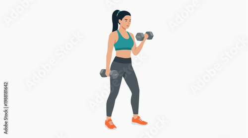 A determined woman engages in a bicep curl exercise, showcasing strength and commitment to fitness, with a focus on health, wellness, and self-improvement.