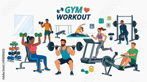 Energized individuals engage in a diverse range of exercises within a modern gymnasium, fostering health and wellness. Witnessing physical prowess and dedication.