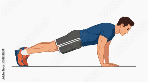 A man demonstrates perfect push-up form in a bright, clean setting, focusing on fitness and bodyweight training.
