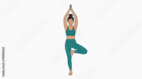 A woman in athletic wear practices a tree pose, a moment of balance, focus, and serenity. She connects with the breath and embraces a holistic well-being.