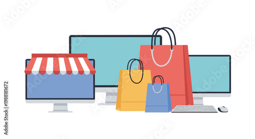 Multiple computer monitors stand behind a cluster of vibrant red and yellow shopping bags positioned next to a miniature striped retail storefront awning.